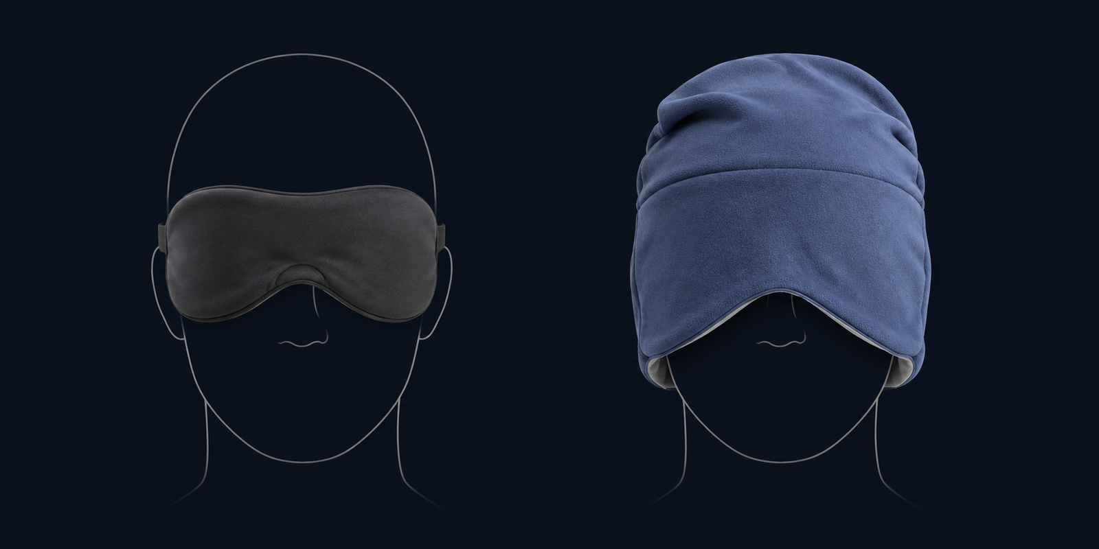 Product illustration comparing a charcoal eye mask on the left with the blue MYSLUNA sleep mask on the right, both shown on matching outline heads to illustrate coverage.