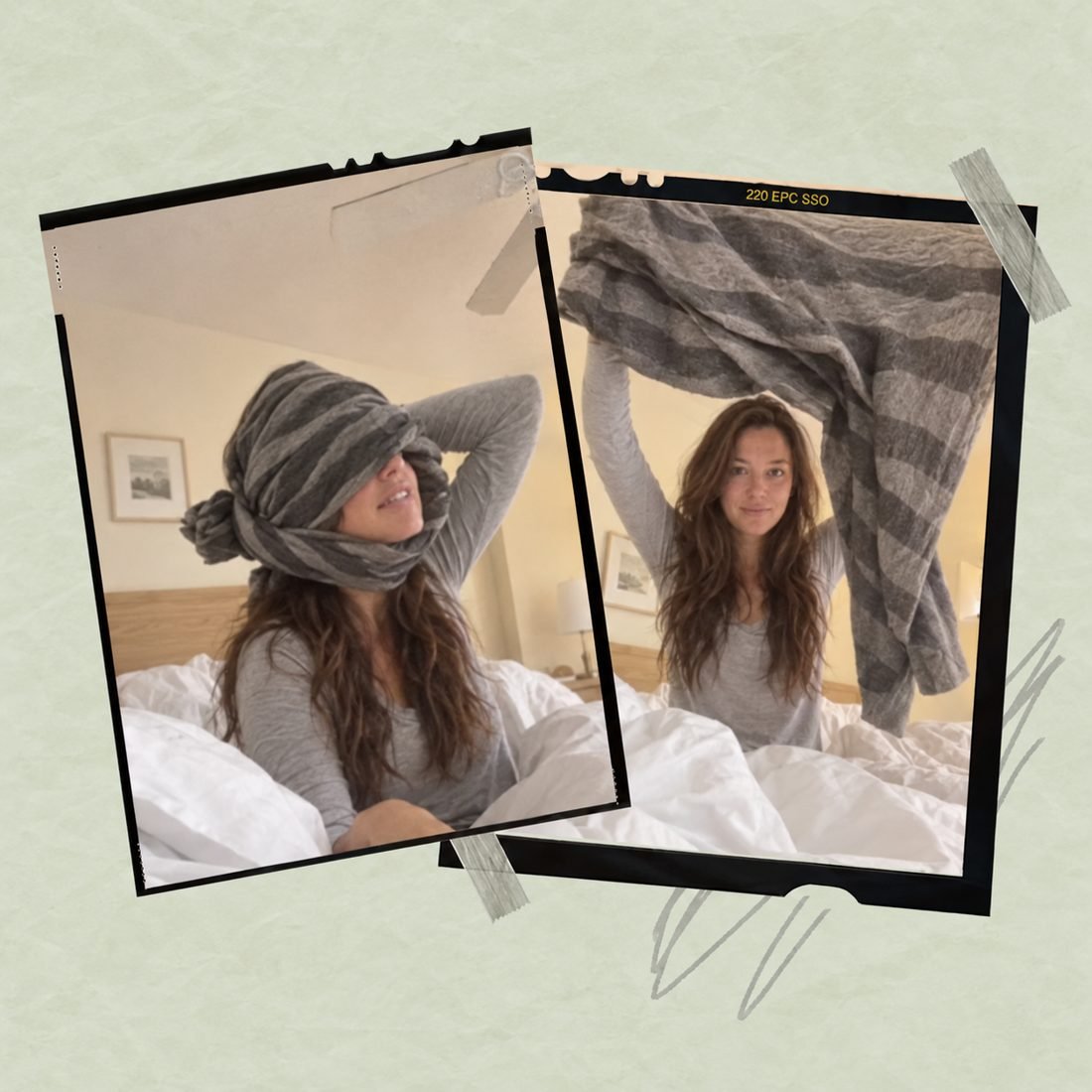 A woman in bed with a striped sweatshirt wrapped over her eyes, and the same woman holding the sweatshirt up